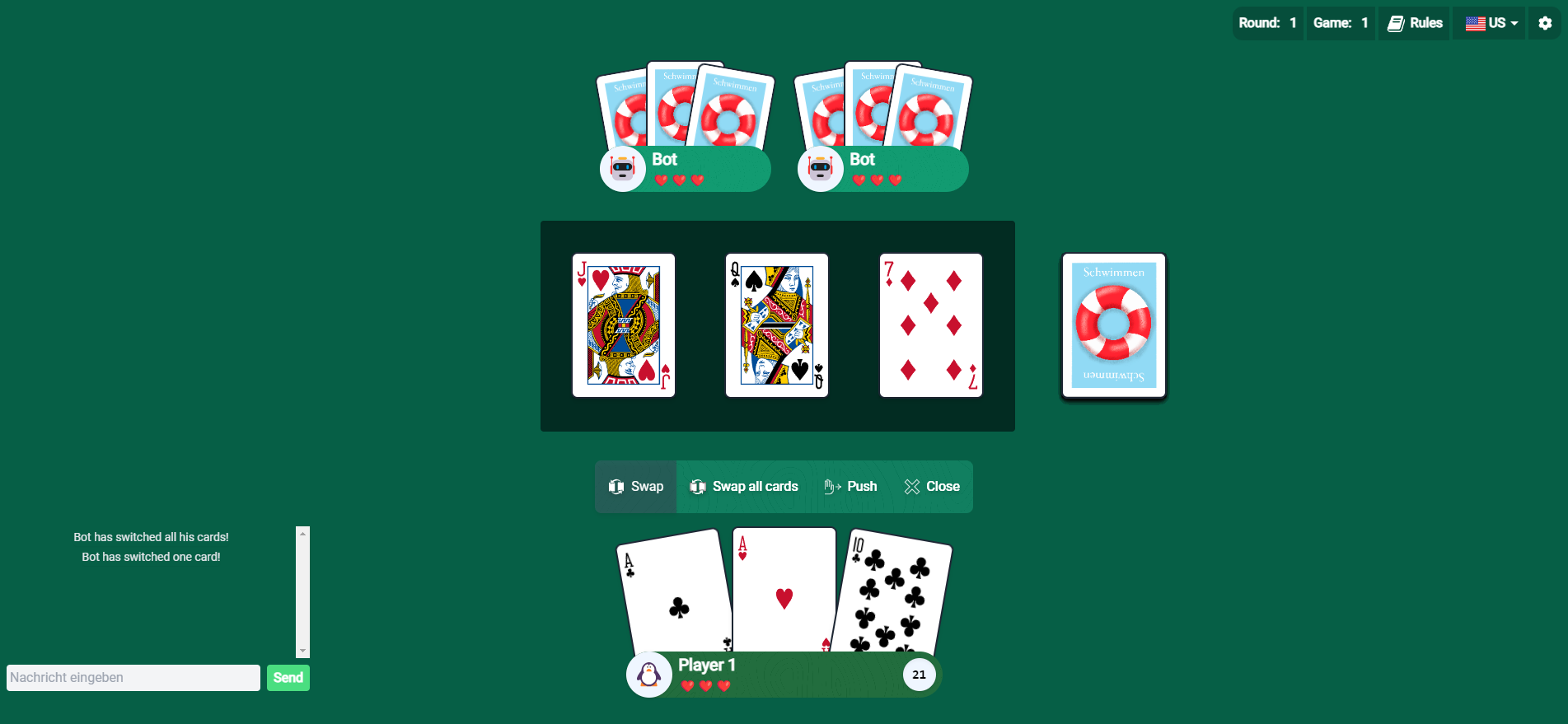 Screenshot of the 31 (Blitz / Schwimmen) game interface: a green playing field with two bots as opponents positioned above the center, three cards and one deck in the middle, and at the bottom, Player 1 with three lives and three face-up cards in hand.